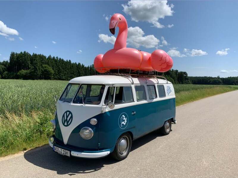 Bulli mit aufblasbarem Flamingo auf dem Dach